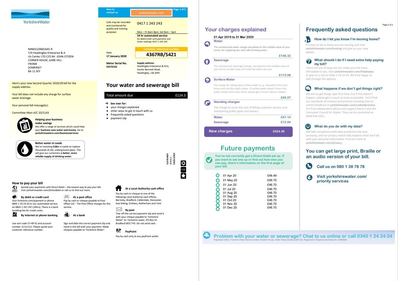 United Kingdom Yorkshire water utility bill template in Word and PDF format (2 pages)